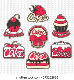 Cute vintage cupcake stickers. Cartoon vector illustration. Bakery badges and cupcake labels. Cake logo.