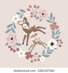 Cute vintage deer mom and baby with summer flowers.  Perfect for tee shirt logo, greeting card, poster, invitation or print design.