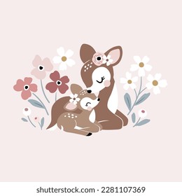 Cute vintage deer mom and baby with summer flowers.  Perfect for tee shirt logo, greeting card, poster, invitation or print design.