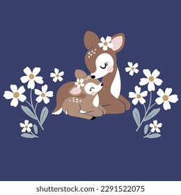 Cute Vintage Hirsche Mutter und Baby mit Sommerblumen.  Ideal für T-Shirt Logo, Grußkarte, Poster, Einladung oder Print Design.