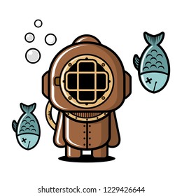 Cute Vintage Diver For Kid's Illustration.