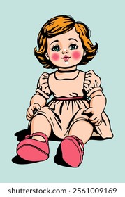 Cute vintage doll with red hair and rosy cheeks in elegant dress and mary jane shoes. Vector isolated illustration.