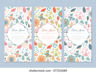 Cute vintage doodle floral cards set for invitation, label, banner, wedding, party, baby shower, hen-party, mother's day, valentine. Beautiful background with gentle flowers and leaves. Vector