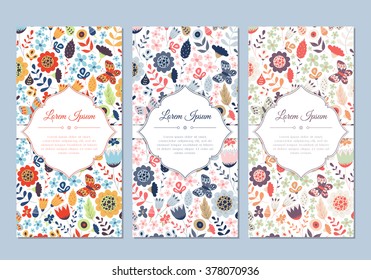Cute vintage doodle floral cards set for invitation, label, banner, wedding, party, baby shower, hen-party, mother's day, valentine. Beautiful background with gentle flowers and leaves. Vector