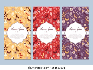 Cute vintage doodle floral cards set for invitation, label, banner, wedding, party, baby shower, hen-party, mother's day, valentine. Beautiful background with gentle flowers and leaves. Vector