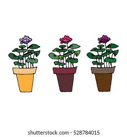 Cute Vintage Doodles of Indoor Plants. Vector illustration. Isolated Hand Drawn Hipster Sketch of Flowers In Pots. Doodle Set, Drawing Style Pen on Paper Notebook.