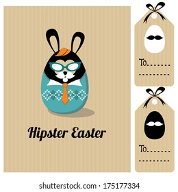 Cute vintage easter card with fashion hipster bunny, rabbit, vector illustration background,