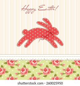 Cute vintage Easter card in shabby chic style with bunny as fabric patch applique