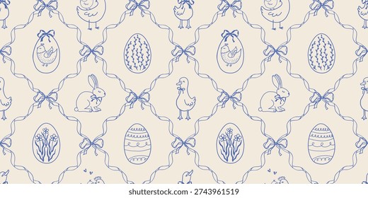 Cute vintage Easter seamless pattern with geese, chickens, bunny, eggs ribbon frames and bows in whimsical doodle hand drawn style. Vector design for print, wrapping paper, fabric, wallpaper, textile