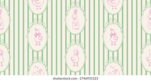 Cute vintage Easter seamless pattern with geese, chickens, bunny, ribbon frames and bows on green striped background. Vector design in whimsical doodle hand drawn style.