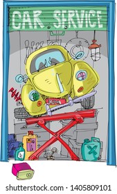 A cute vintage european car service with old little car inside. Cartoon. Caricature.