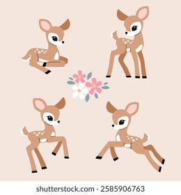 Cute vintage fawn characters.  Perfect for stickers, tee shirt logo, greeting card, poster, invitation or print design. EPS10 vector file.