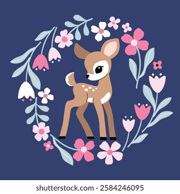 Cute vintage fawn in floral wreath. Hand drawn vector deer illustration. Perfect for tee shirt logo, greeting card, poster, invitation or print design. EPS10 vector file.
