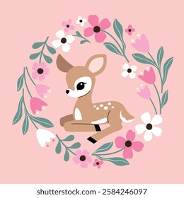 Cute vintage fawn in floral wreath. Hand drawn vector deer illustration. Perfect for tee shirt logo, greeting card, poster, invitation or print design. EPS10 vector file.