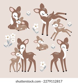 Cute vintage fawn mom and baby characters.  Perfect for tee shirt logo, greeting card, sticker, poster, invitation or print design.