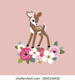 Cute vintage fawn with summer flowers.  Perfect for tee shirt logo, greeting card, poster, invitation or print design.