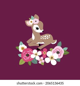 Cute vintage fawn with summer flowers.  Perfect for tee shirt logo, greeting card, poster, invitation or print design.