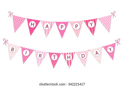 Cute vintage festive fabric pennant banner as bunting flags with letters Happy Birthday in shabby chic style