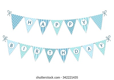 Cute vintage festive fabric pennant banner as bunting flags with letters Happy Birthday in shabby chic style