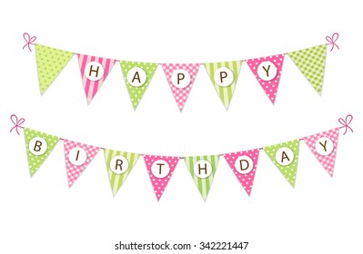 Cute Vintage Festive Fabric Pennant Banner As Bunting Flags With Letters Happy Birthday In Shabby Chic Style