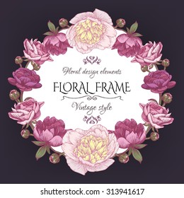Cute vintage floral card with a frame of peonies and persian buttercup. Beautiful wreath in shabby chic style. Vector illustration.