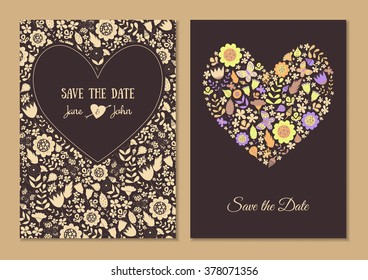 Cute vintage floral cards set. Heart shape with flowers and leaves. Beautiful background Cards for greeting, invitation, wedding, party, hen-party, baby shower, mother's day, valentines. Gentle vector