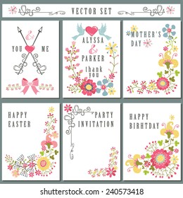 Cute vintage  floral elements. Set of  cards with flowers,branches, decorative elements,swirling decor. For wedding,Valentine day,holiday,birthday,Easter. Holiday Vector