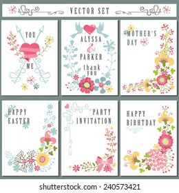 Cute vintage  floral elements. Set of  cards with flowers,branches, decorative elements,swirling decor. For wedding,Valentine day,holiday,birthday,Easter. Holiday Vector