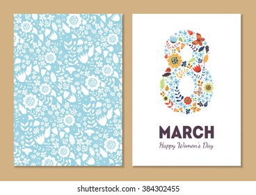 Cute vintage floral holiday cards set. 8 shape with flowers and leaves. Beautiful background cards for greeting, invitation, greeting with women's day, 8 march. Spring holiday. Gentle vector