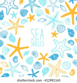 Cute vintage frame with hand drawn shells and starfishes and hand written text Sea Shells for your decoration