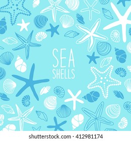 Cute vintage frame with hand drawn shells and starfishes and hand written text Sea Shells for your decoration