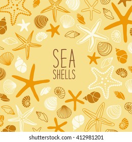 Cute vintage frame with hand drawn shells and starfishes and hand written text Sea Shells for your decoration