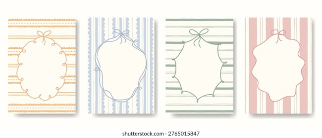Cute vintage frames with bows on striped patterns. Doodle whimsical outlines. Hand drawn frame template with ribbon bows. Perfect for invitations, packaging, tags, scrapbooking, poster, card, label