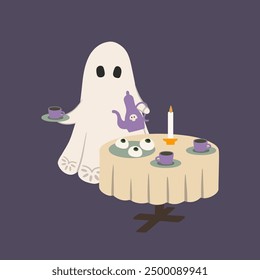 Cute vintage ghost in lace sheet with tea table vector illustration. Whimsical Halloween character with cup, teapot, round dining table on dark background. Fun spooky print for kids seasonal design