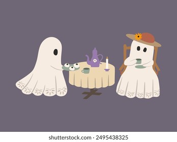 Cute vintage ghosts tea party vector illustration. Whimsical cartoon Halloween characters drinking tea with spooky desserts. Hand drawn funny countryside ghosts with hat, candle, table, teapot, cups