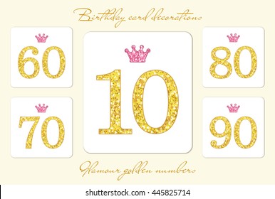 Cute vintage golden glitter numbers with crown can be used as birthday card, anniversary card etc