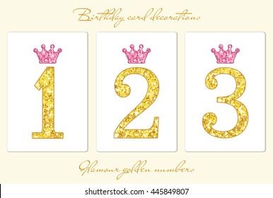 Cute vintage golden glitter numbers with crown can be used as birthday card, anniversary card etc