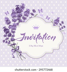 Cute vintage greeting or invitation card with hand drawn floral elements in engraving style - fragrant lavender. Vector illustration.