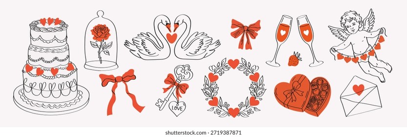Cute vintage hand drawn elements with whimsical bows, ribbons, hearts, cupid, flowers and cake. Charming line art vector illustrations for Valentine’s Day, wedding invitations, greeting cards and romantic decor.