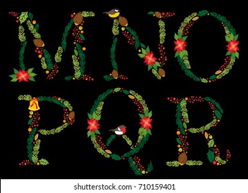 Cute vintage hand drawn rustic floral Christmas alphabet