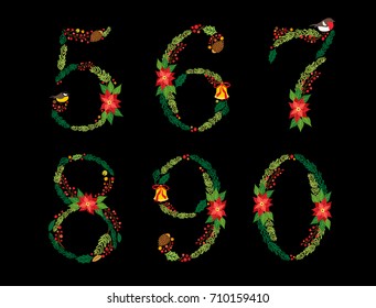 Cute vintage hand drawn rustic floral Christmas alphabet