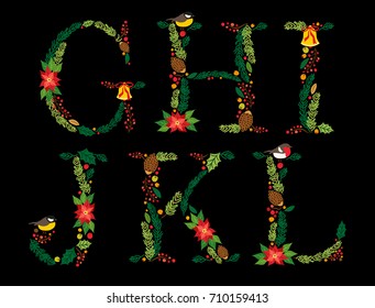 Cute vintage hand drawn rustic floral Christmas alphabet