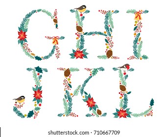 Cute vintage hand drawn rustic floral Christmas alphabet