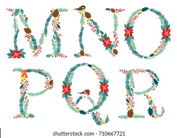 Cute vintage hand drawn rustic floral Christmas alphabet