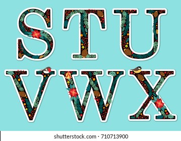 Cute vintage hand drawn rustic floral Christmas alphabet