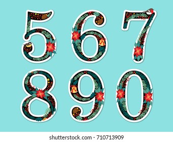 Cute vintage hand drawn rustic floral Christmas alphabet