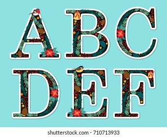 Cute vintage hand drawn rustic floral Christmas alphabet