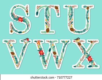 Cute vintage hand drawn rustic floral Christmas alphabet