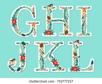 Cute vintage hand drawn rustic floral Christmas alphabet