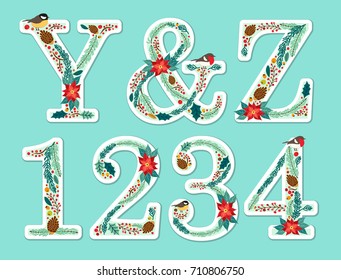 Cute vintage hand drawn rustic floral Christmas alphabet